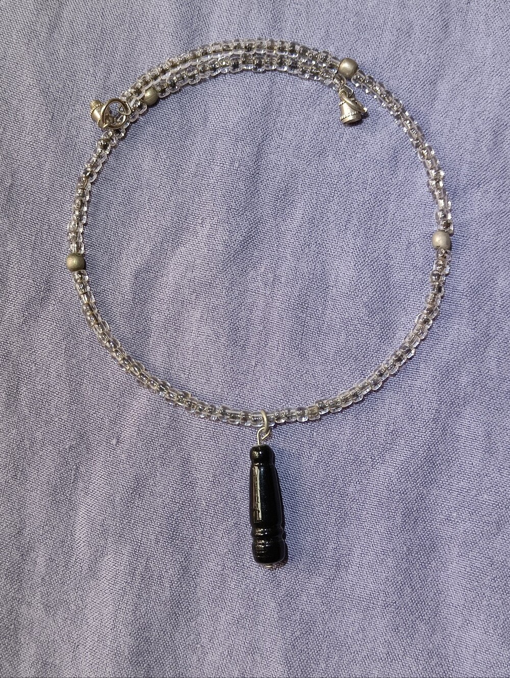 Vintage Silver Tone & Seed Bead Choker Necklace Carved Wood Pendant Boho